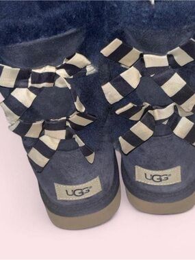 UGG Navy Suede Boots with Black & Cream Striped Bows